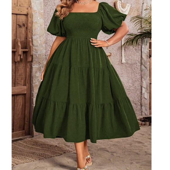 Solid Smocked Bodice Puff Sleeve Ruffle Hem Dress - Picture 6 of 7